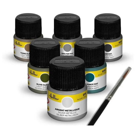 Acrylic Colour Set ”Military” 6 x 12 ml + Brush - Heller 9400