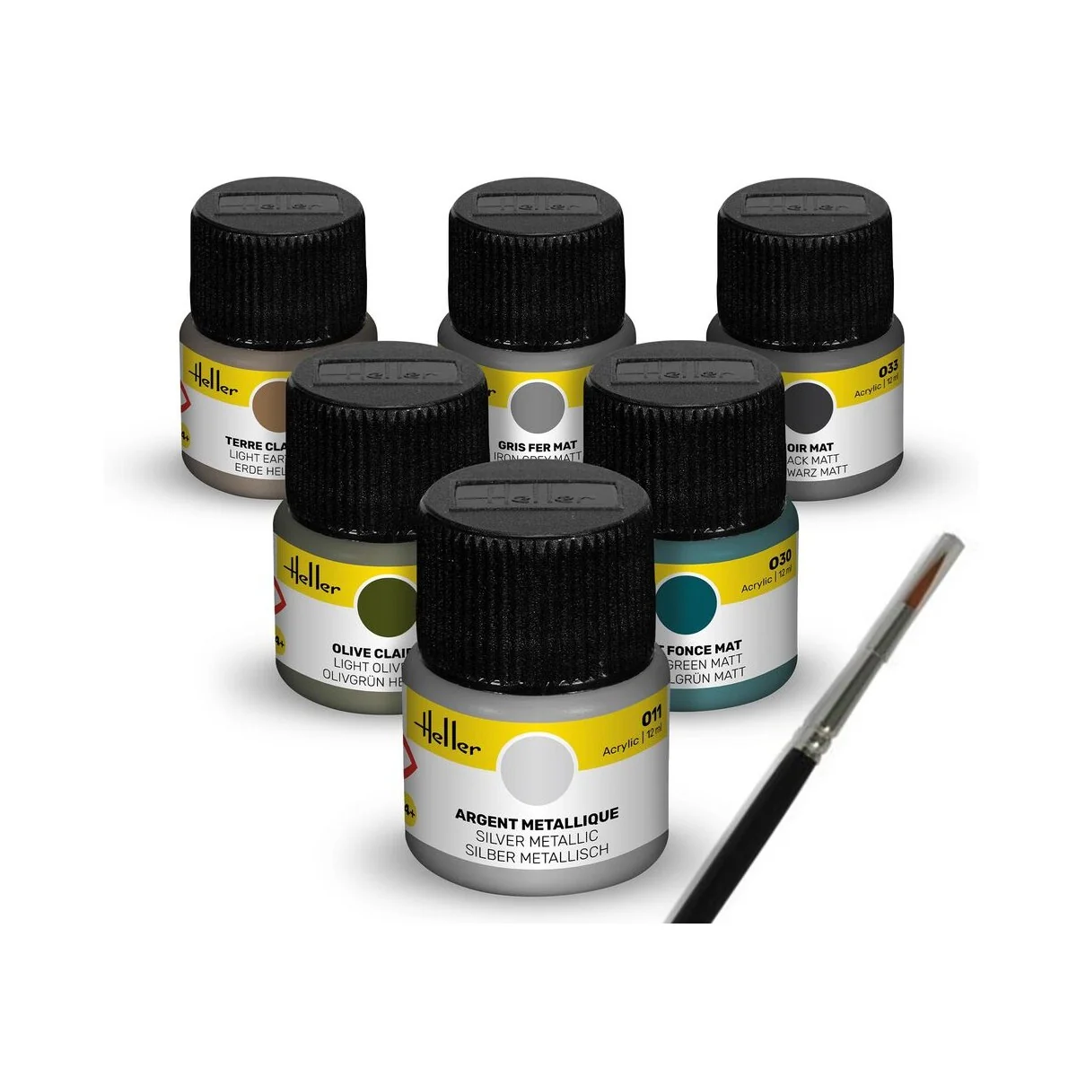 Acrylic Colour Set ”Military” 6 x 12 ml + Brush - Heller 9400