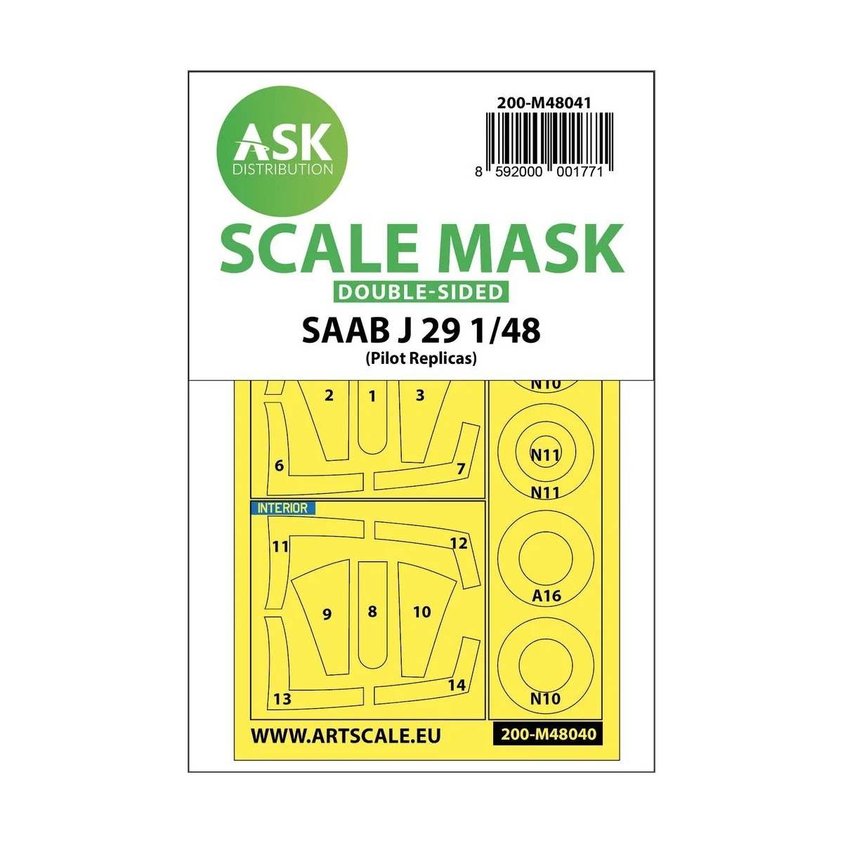 SAAB J29 B double-sided painting mask for Pilot Replicas, 1/48 - Ar...