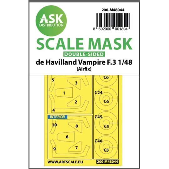 De Havilland Vampire F.3 double-sided painting mask for Airfix, 1/4...