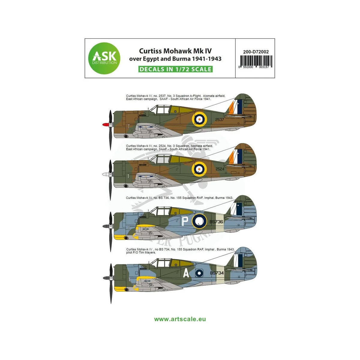 Curtiss Mohawk IV over Egypt and Burma 1941-1943, 1/72 - Art Scale ...