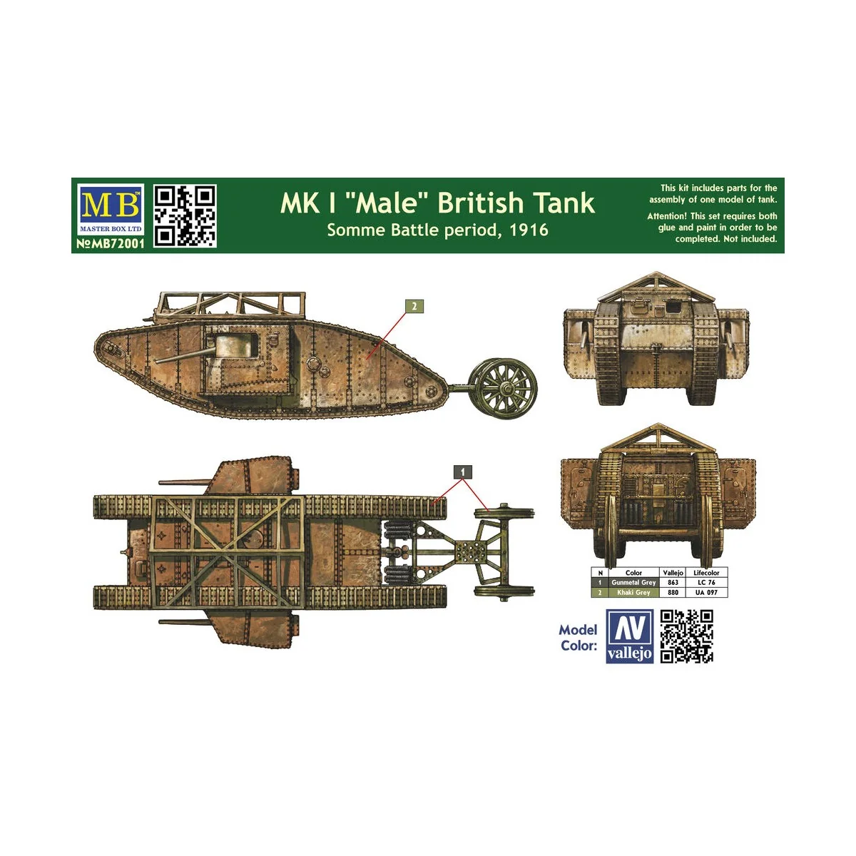 Mk I "Male"British tank, Somme battle1916, 1/72 - Master Box Ltd. 7...
