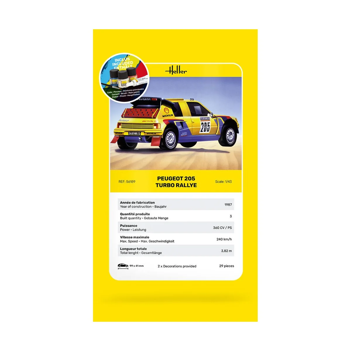 STARTER KIT Peugeot 205 Turbo Rallye, 1/43 - Heller 56189 STARTER KIT Peugeot 205 Turbo Rallye, 1/43 - Heller 56189