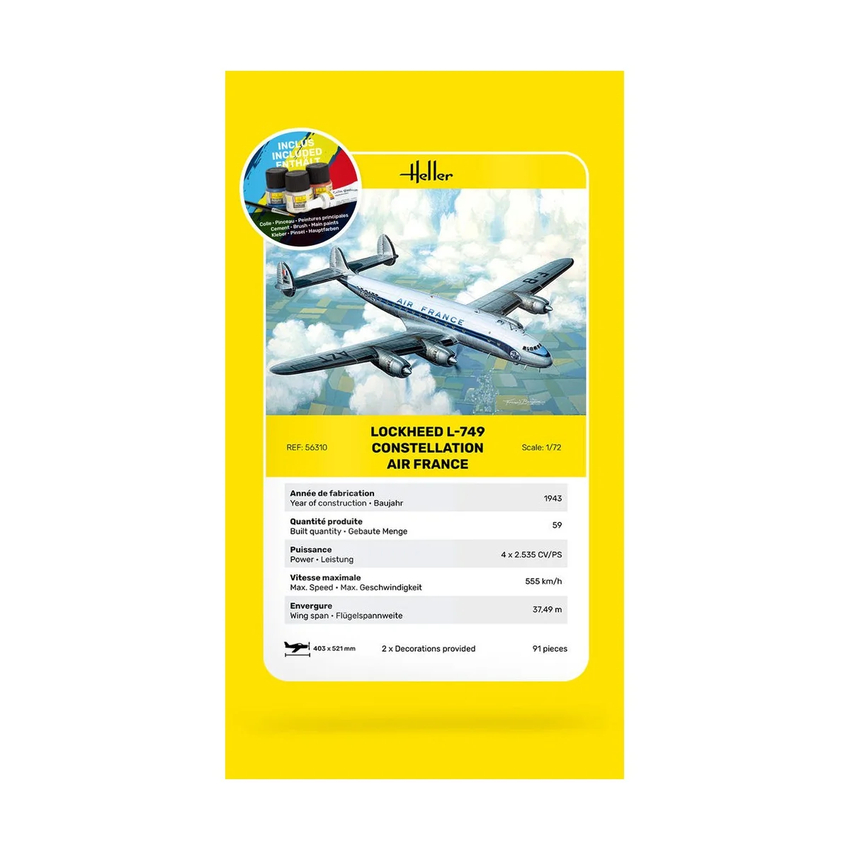 STARTER KIT L-749 Constellation A.F., 1/72 - Heller 56310 STARTER KIT L-749 Constellation A.F., 1/72 - Heller 56310