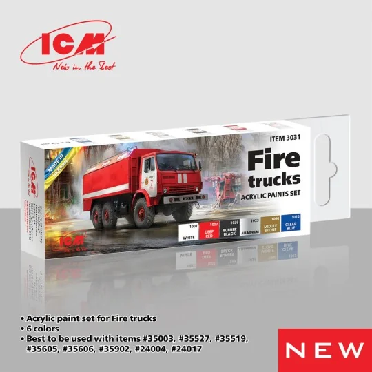 Acrylic paint set for Fire trucks 6 x 12 ml - ICM 3031 Acrylic paint set for Fire trucks 6 x 12 ml - ICM 3031