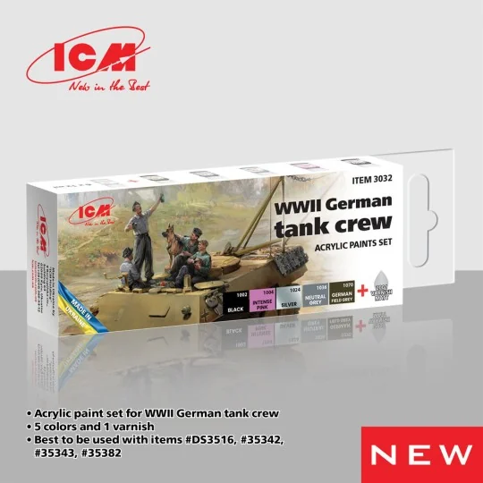 Acrylic paint set for WWII German tank crew 6 x 12 ml - ICM 3032 Acrylic paint set for WWII German tank crew 6 x 12 ml - ICM 3032