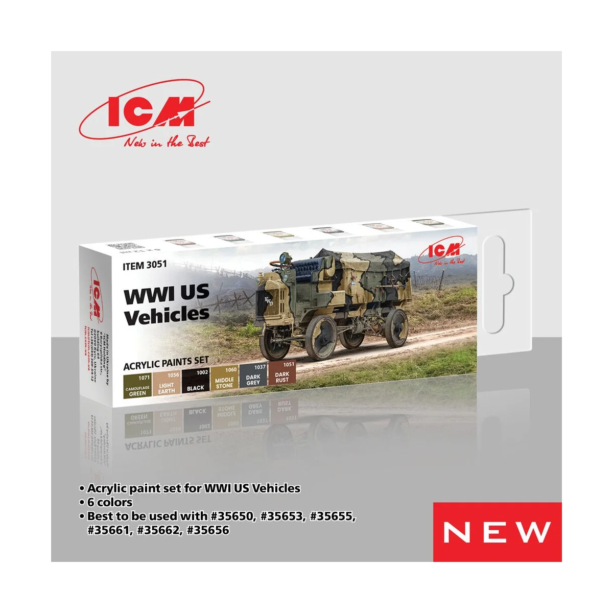 Acrylic Paint Set for WWI US military vehicles  6 x12 ml - ICM 3051