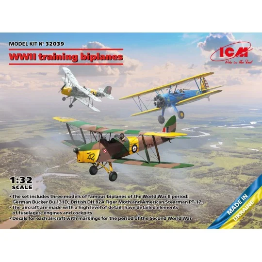 WWII training biplanes (Bücker Bü 131D, DH.82A Tiger Moth, Stearman...