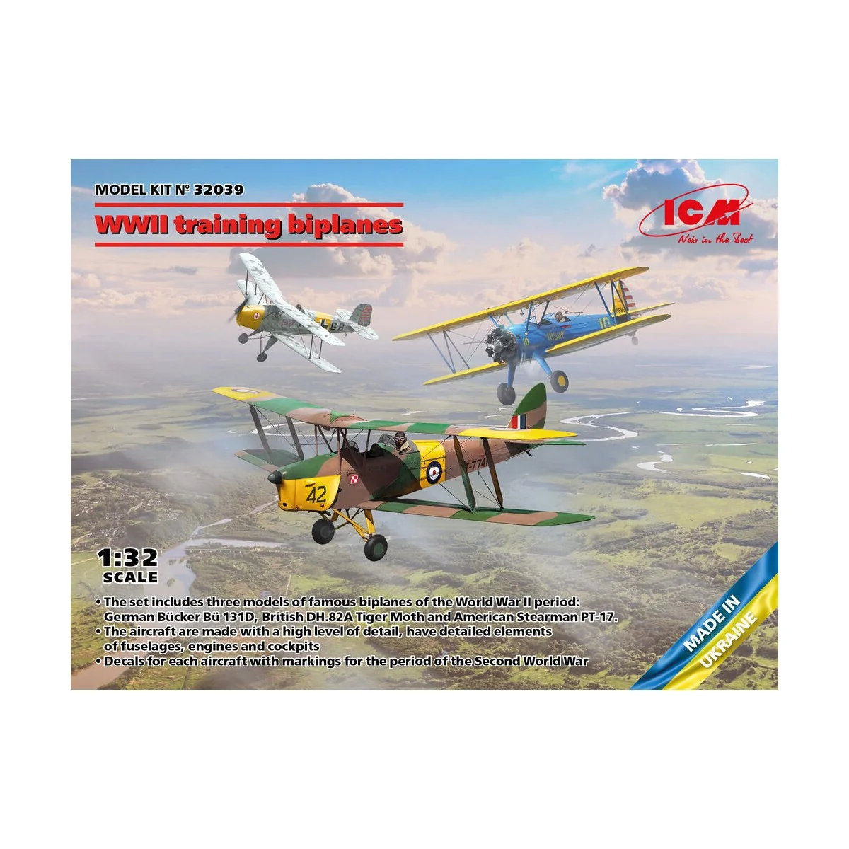 WWII training biplanes (Bücker Bü 131D, DH.82A Tiger Moth, Stearman...