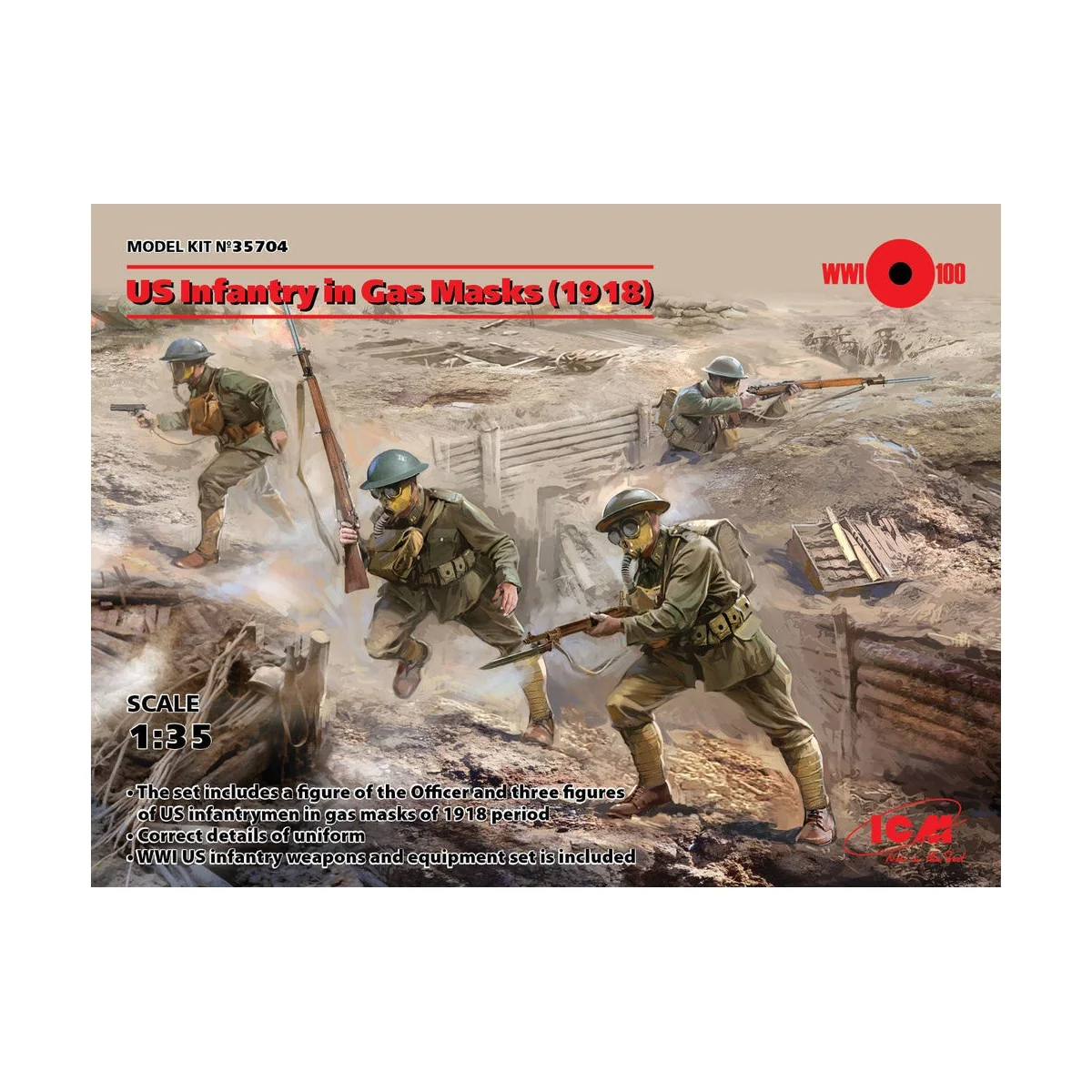 US Infantry in Gas Masks(1918)4 Figures, 1/35 - ICM 35704 US Infantry in Gas Masks(1918)4 Figures, 1/35 - ICM 35704