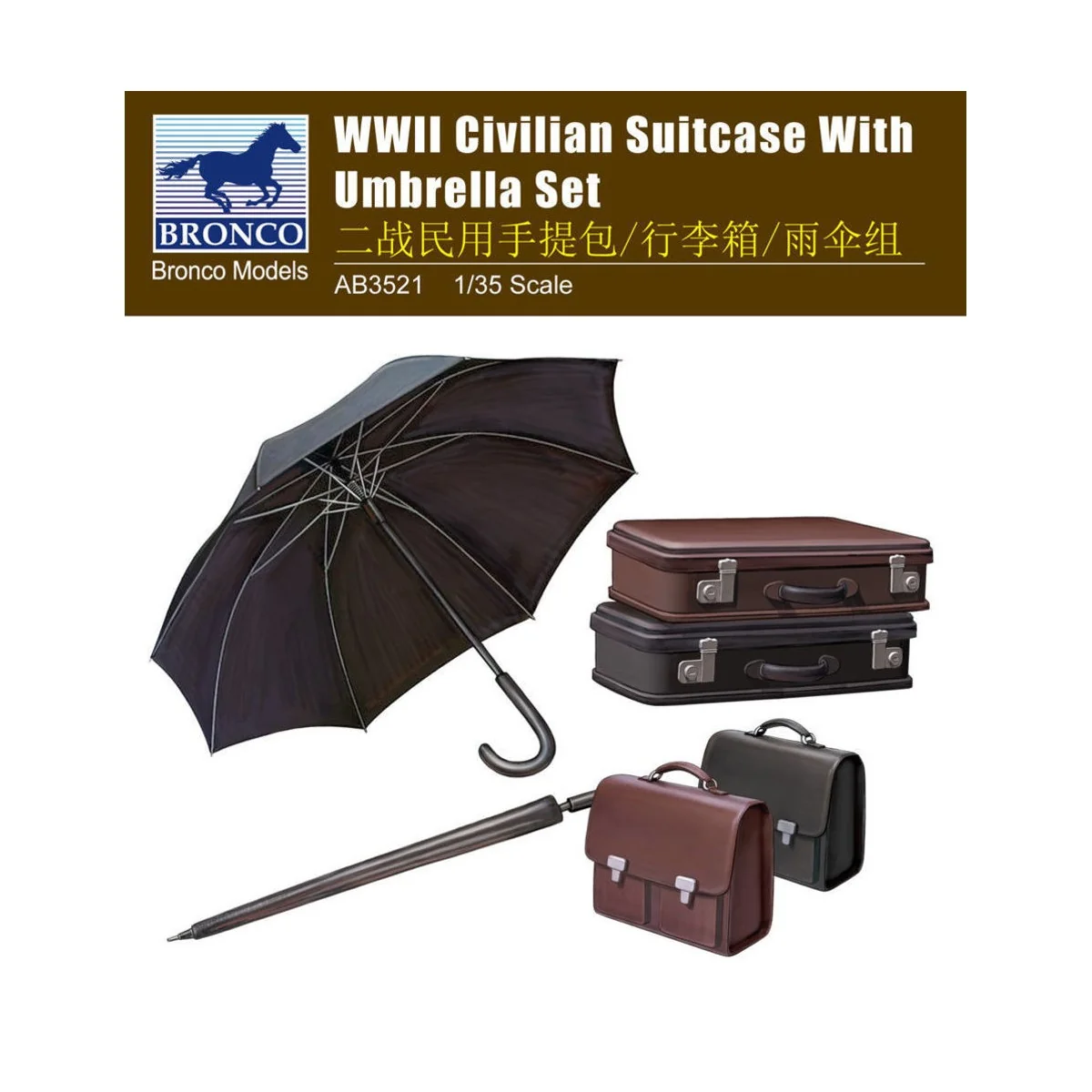 WWII Civilian Suitcase with Umbrella Set, 1/35 - Bronco Models AB3521