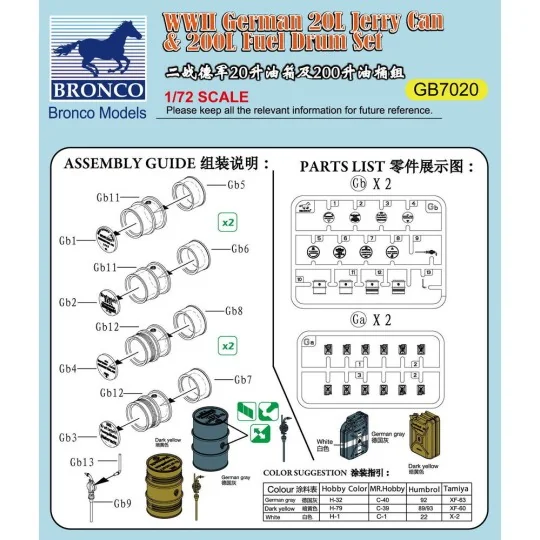 WWII German 20L Jerry Can & 200L Fuel Drum Set, 1/72 - Bronco Model...