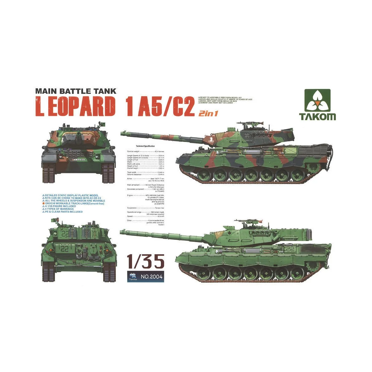 Main Battle Tank Leopartd 1 A5/C2 2 in 1, 1/35 - Takom TAK2004