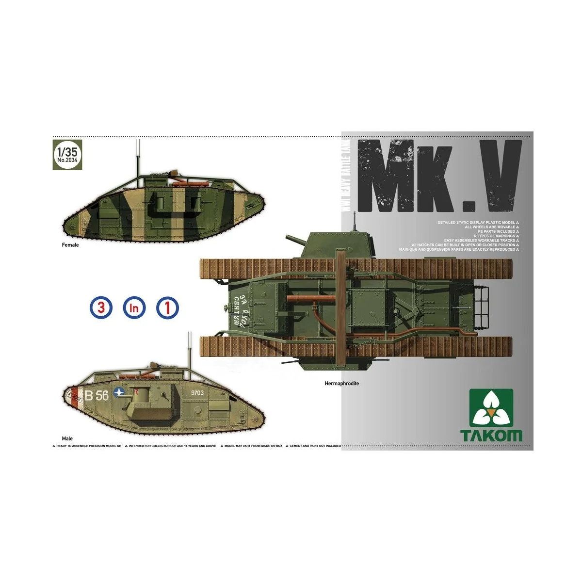 WWI Heavy Battle Tank MarkV 3 in 1, 1/35 - Takom TAK2034 WWI Heavy Battle Tank MarkV 3 in 1, 1/35 - Takom TAK2034