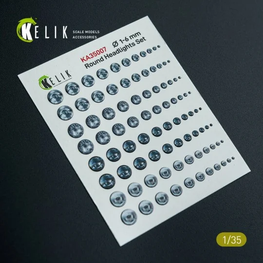 Round Headlights Set 1-6 mm - 3D Decal for models, 1/35 - Kelik KA3...