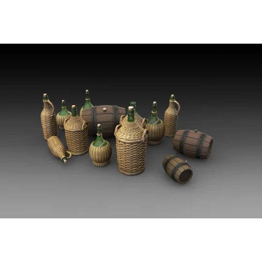 Wicker Bottles Demijohn Glass and small barrels, 1/35 - Royal Model...