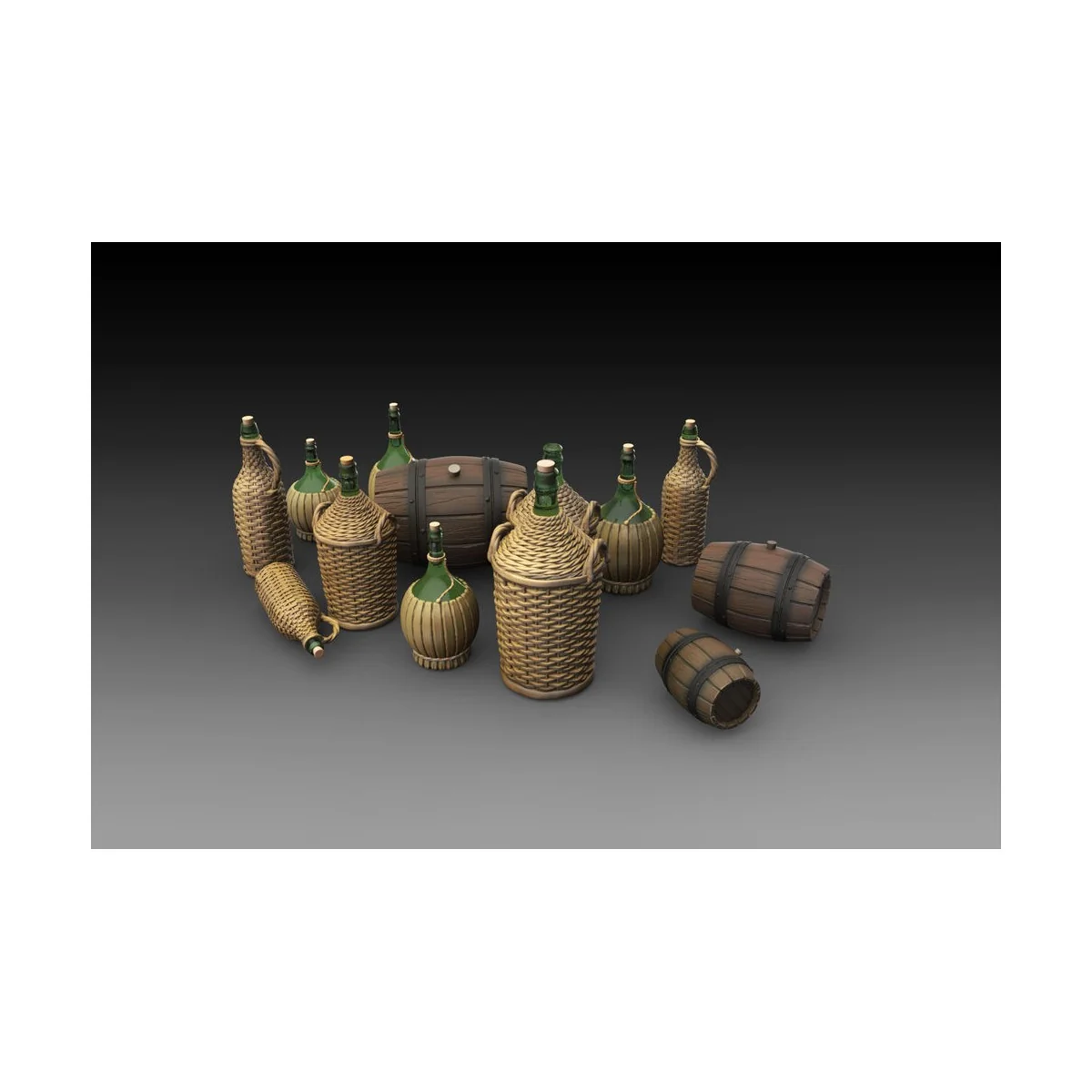 Wicker Bottles Demijohn Glass and small barrels, 1/35 - Royal Model...