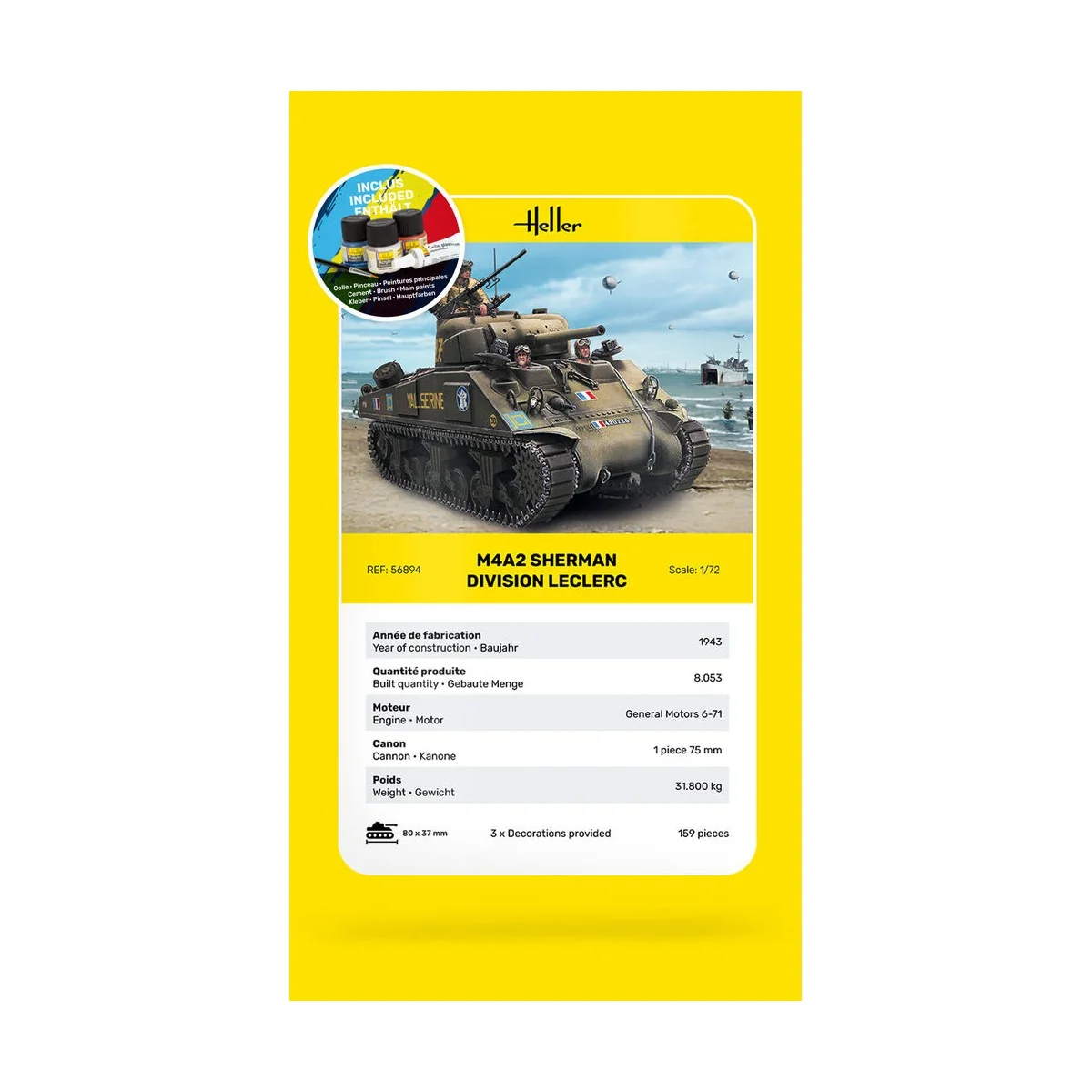 STARTER KIT M4A2 Sherman "Division Leclerc", 1/72 - Heller 56894