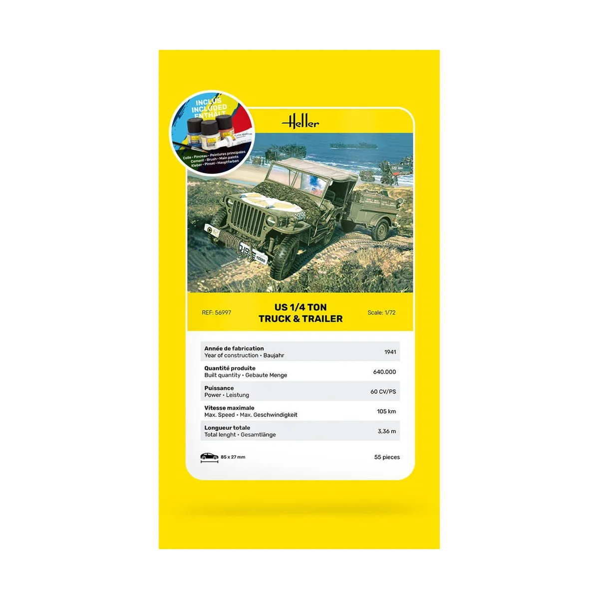STARTER KIT US 1/4 Ton Truck & Trailer, 1/72 - Heller 56997
