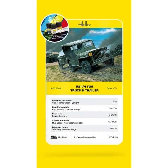 STARTER KIT US 1/4 Ton Truck 'n Trailer, 1/35 - Heller 57105
