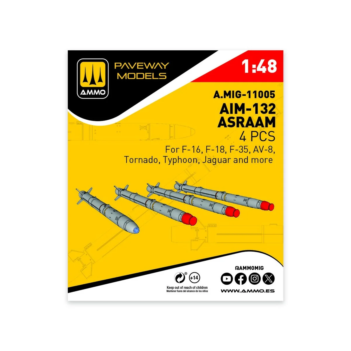 AIM-132 ASRAAM (4 pcs), 1/48 - AMMO by MIG Jimenez A.MIG-11005