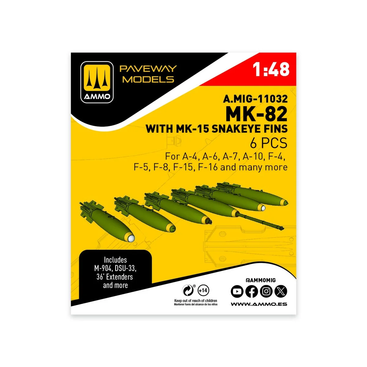 MK-82 with MK-15 Snakeye fin (6 pcs), 1/48 - AMMO by MIG Jimenez A....
