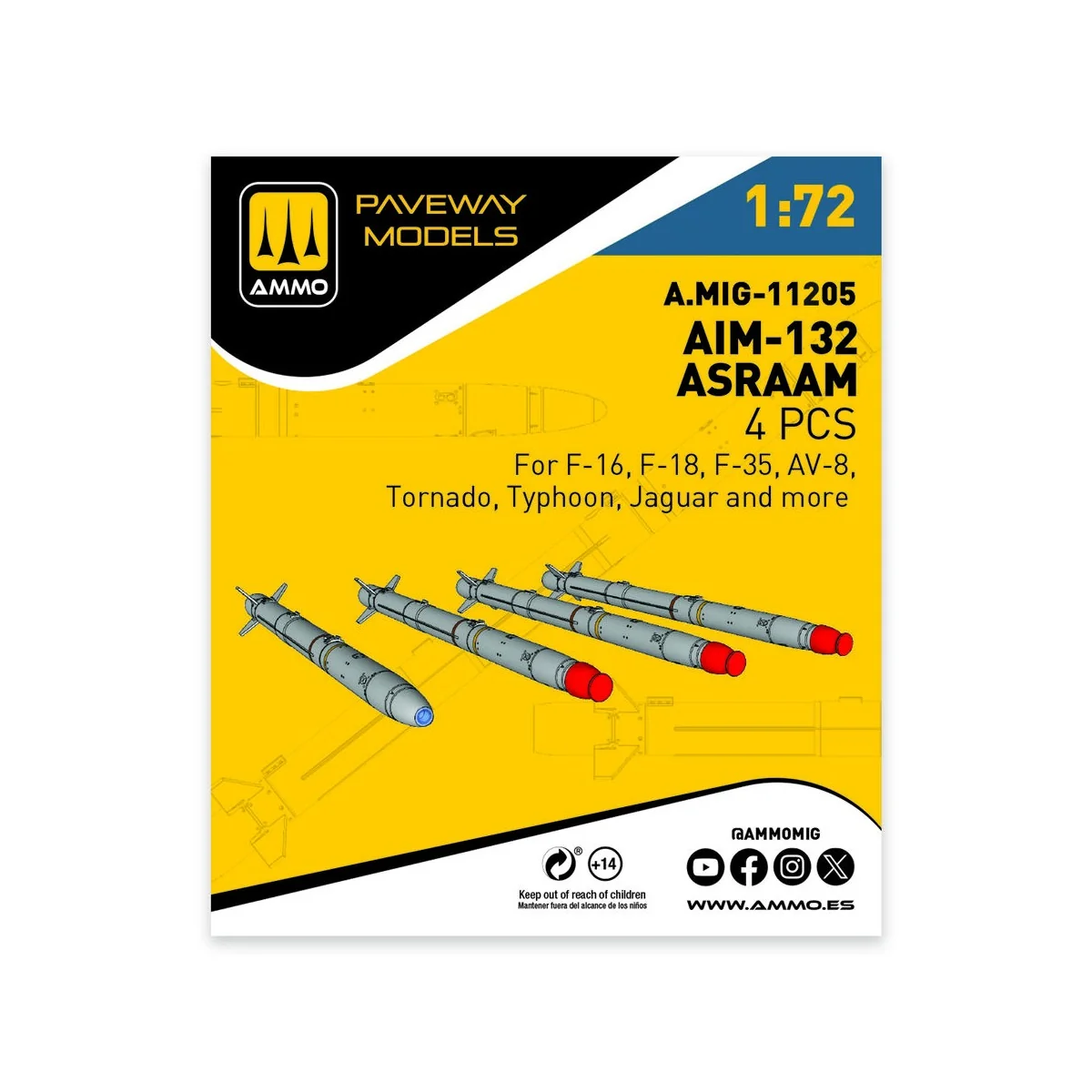 AIM-132 ASRAAM (4 pcs), 1/72 - AMMO by MIG Jimenez A.MIG-11205