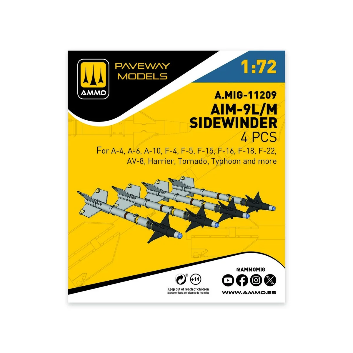 AIM-9L/M Sidewinder (4 pcs), 1/72 - AMMO by MIG Jimenez A.MIG-11209