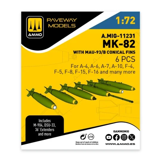 MK-82 with MAU-93/B conical fin (6 pcs), 1/72 - AMMO by MIG Jimenez...