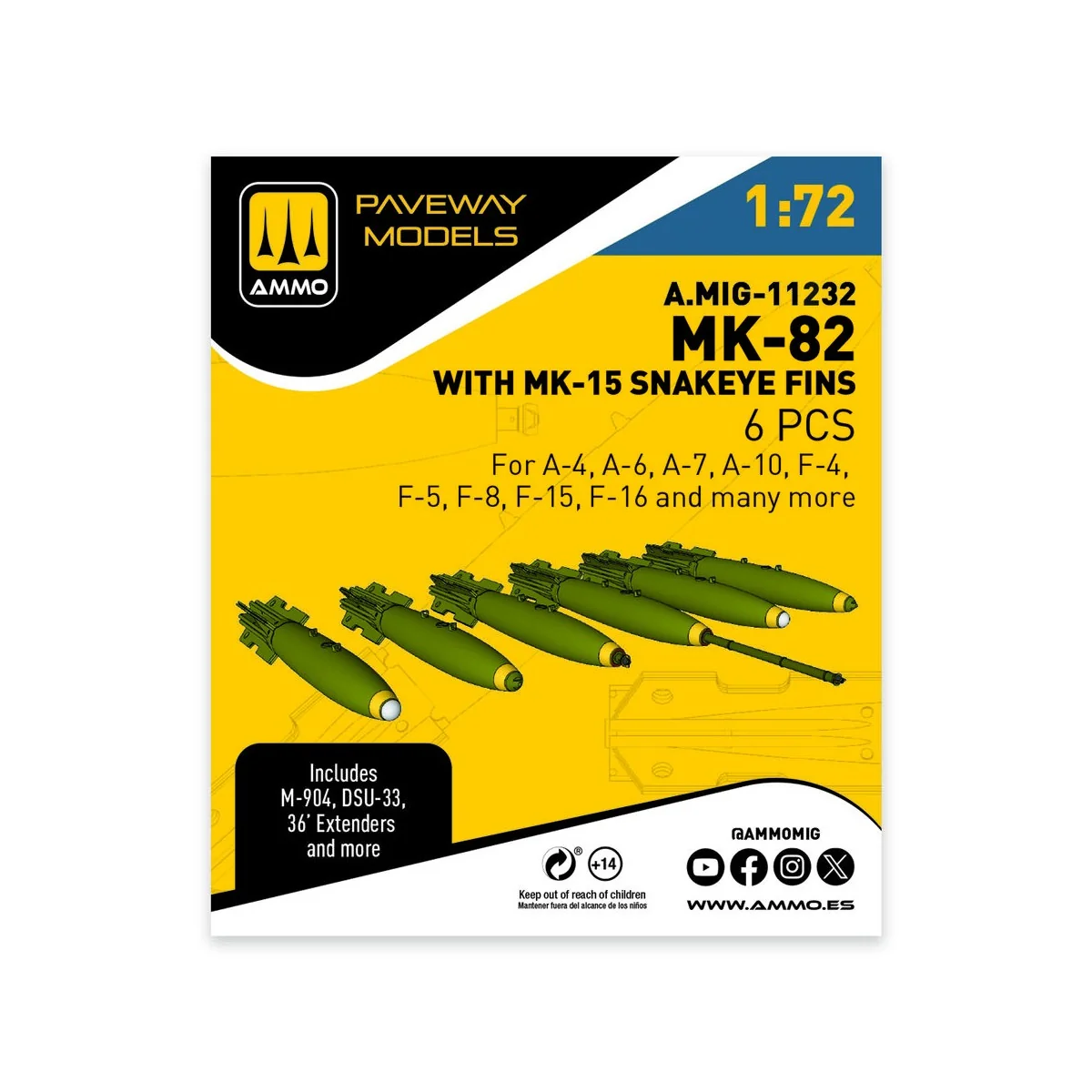 MK-82 with MK-15 Snakeye fin (6 pcs), 1/72 - AMMO by MIG Jimenez A....