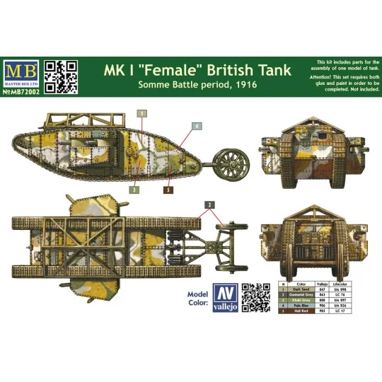Mk I"Female"British tank, Somme battle 1916, 1/72 - Master Box Ltd....