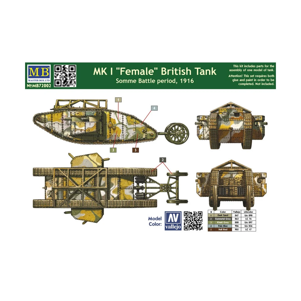 Mk I"Female"British tank, Somme battle 1916, 1/72 - Master Box Ltd....