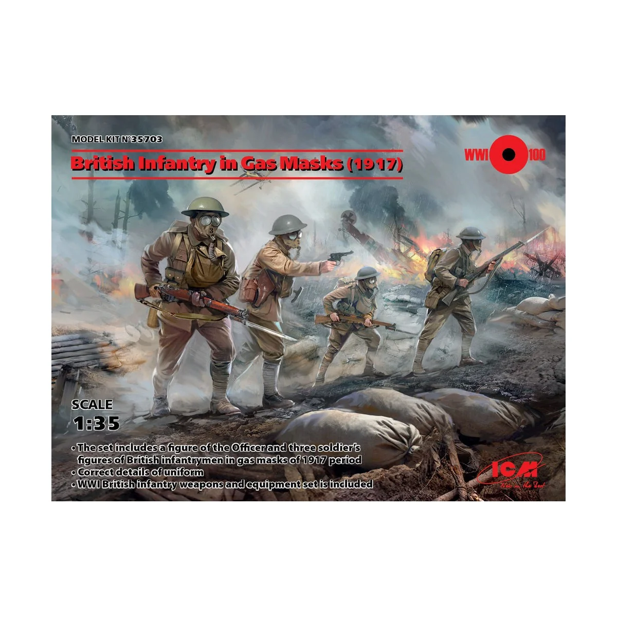 British Infantry in Gas Masks(1917)4 Figu, 1/35 - ICM 35703