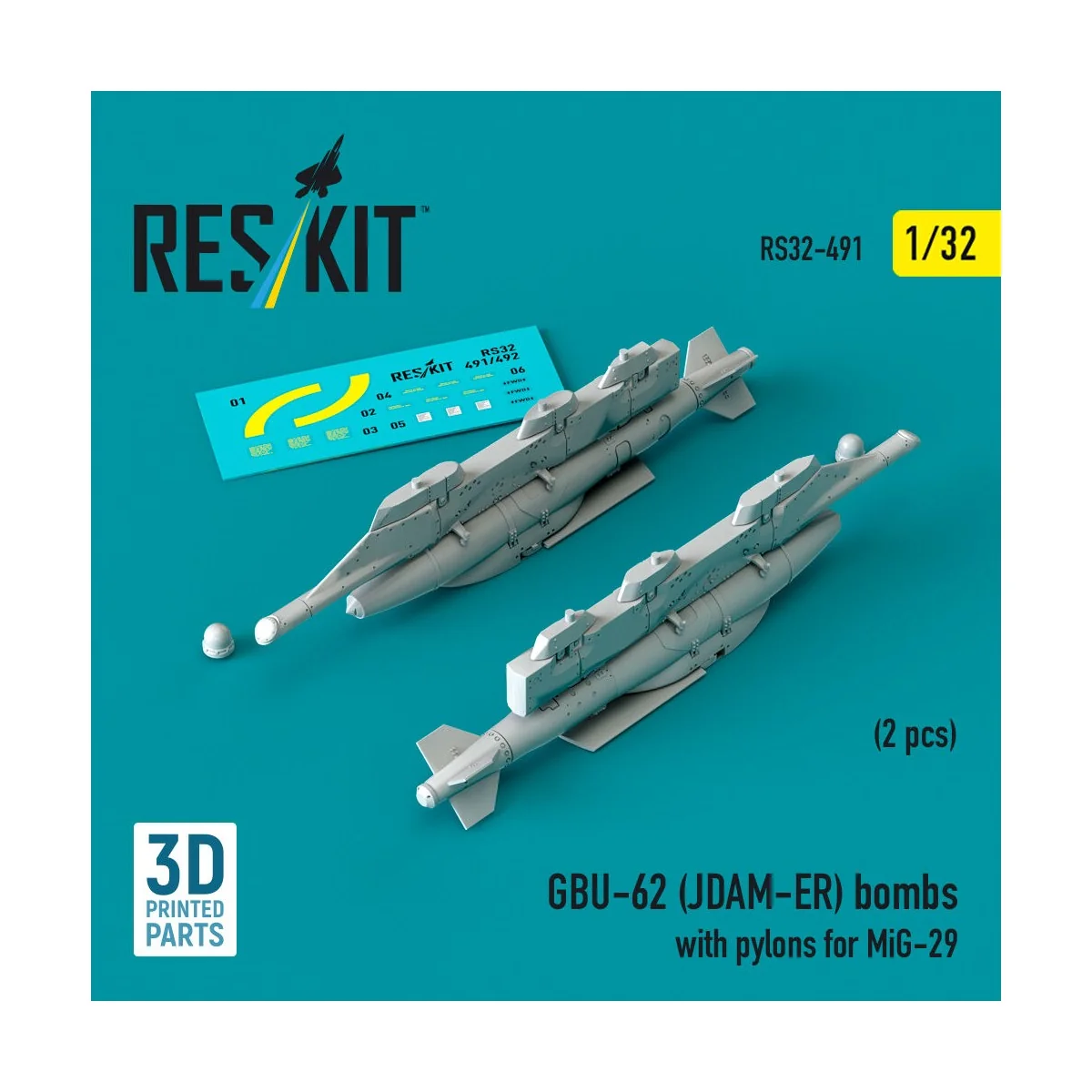 GBU-62 (JDAM-ER) bombs with pylons for MiG-29 (2 pcs) (3D Printed),...