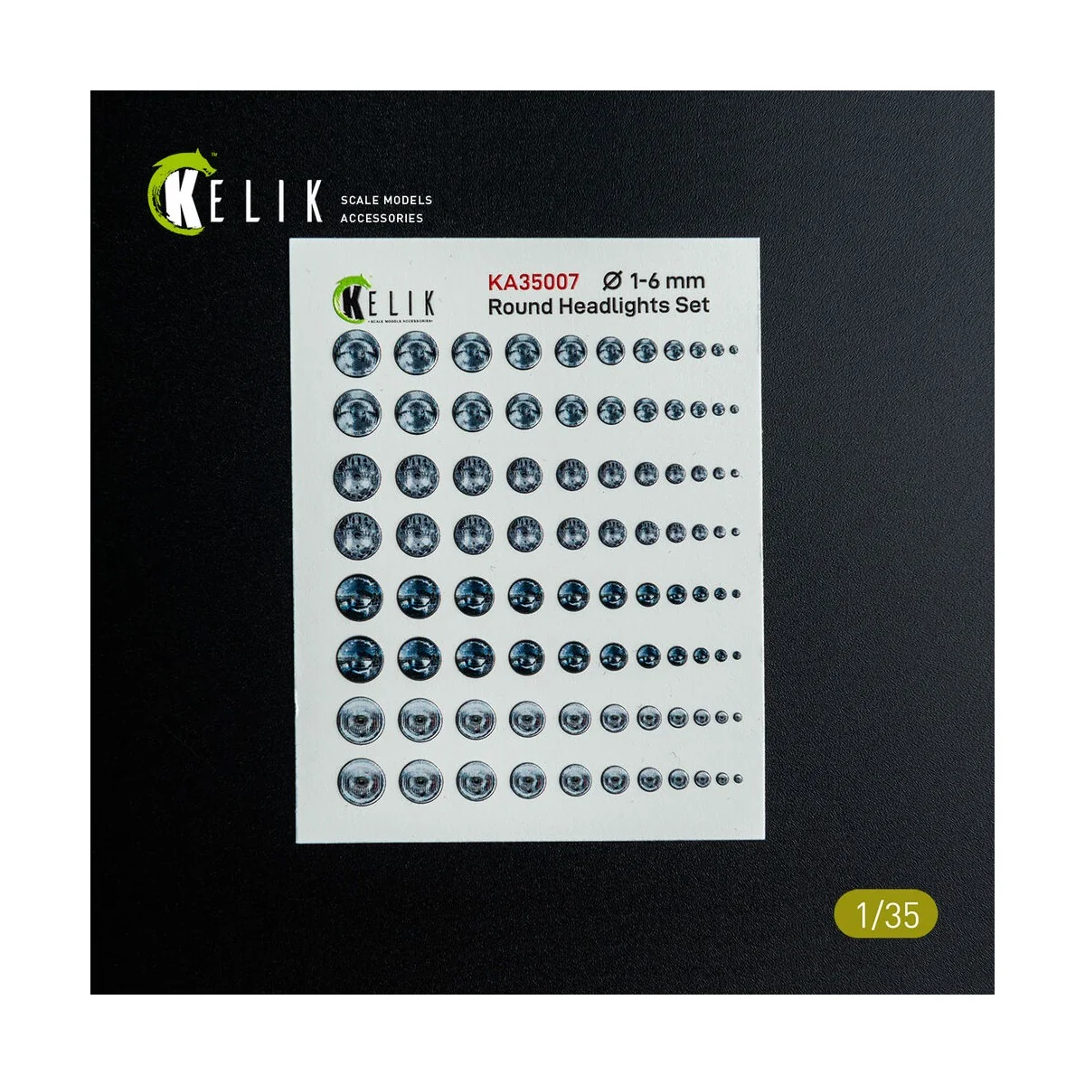 Round Headlights Set 1-6 mm - 3D Decal for models, 1/35 - Kelik KA3...