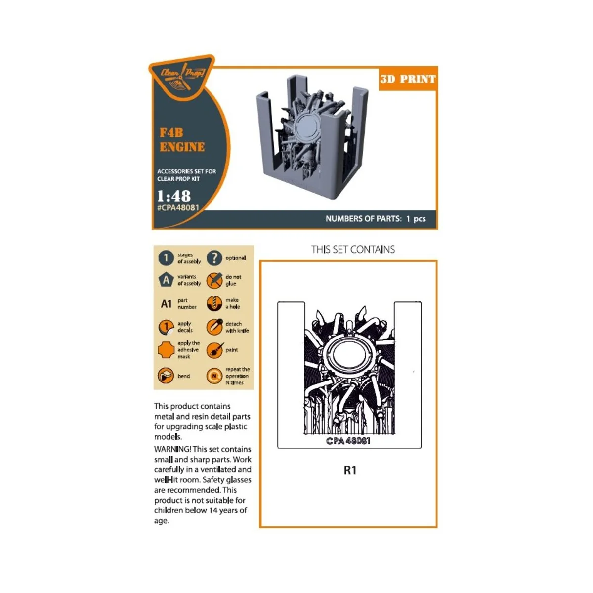 F4B-3/4 Engine for CP kits, 1/48 - Clear Prop Accessories CPA48081