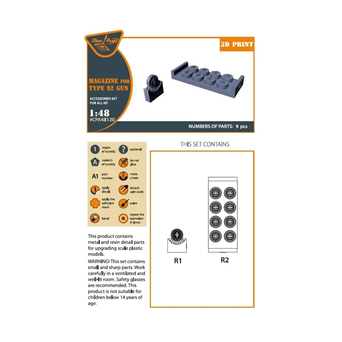Magasins for Type92 gun 9 pcs, 1/48 - Clear Prop Accessories CPA48120