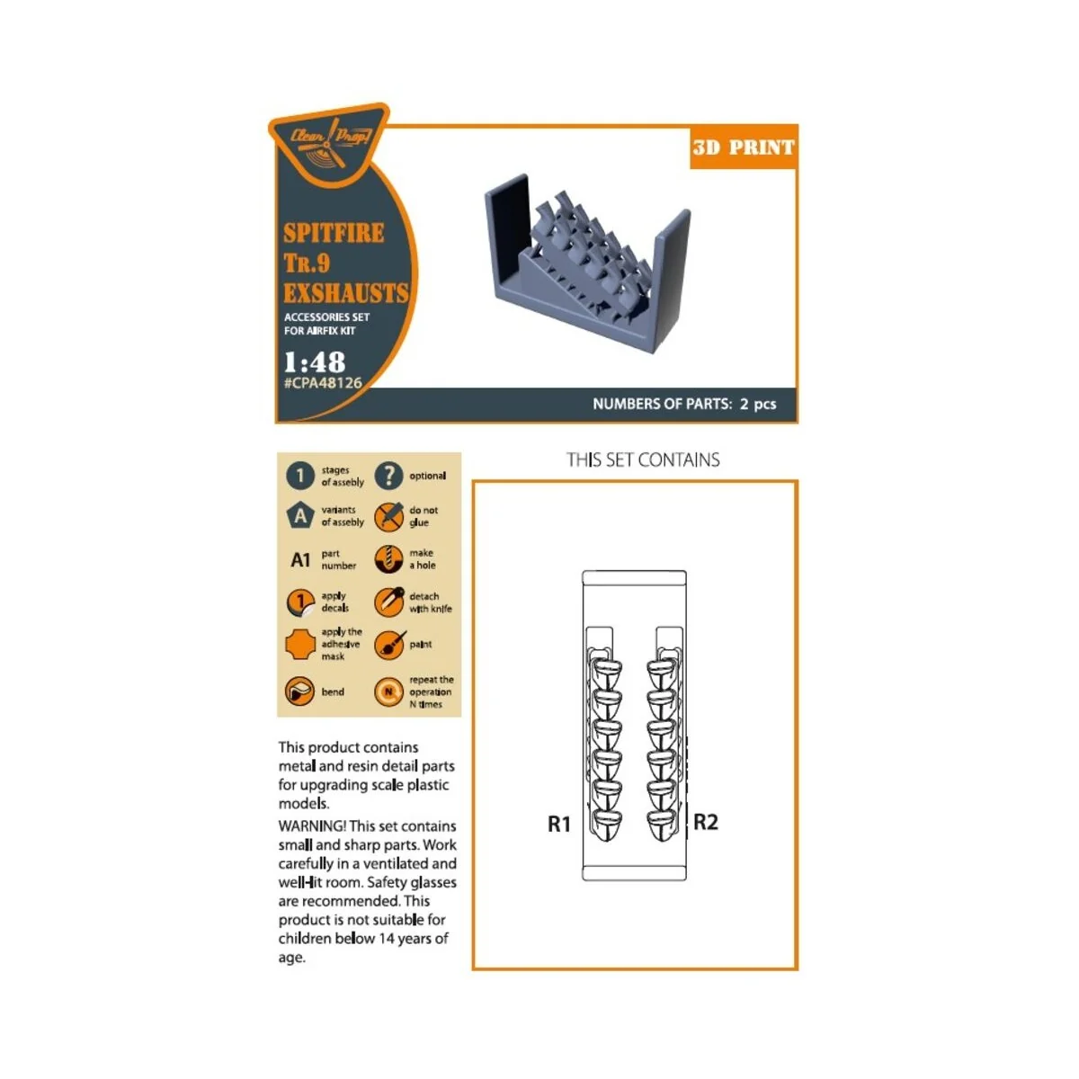 Spitfire Tr.9 exhausts for Airfix kit, 1/48 - Clear Prop Accessorie...