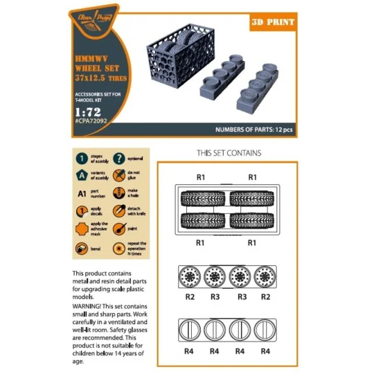 HMMWV Wheel set 37x12, 5 Tires for T-Model kits, 1/72 - Clear Prop ...