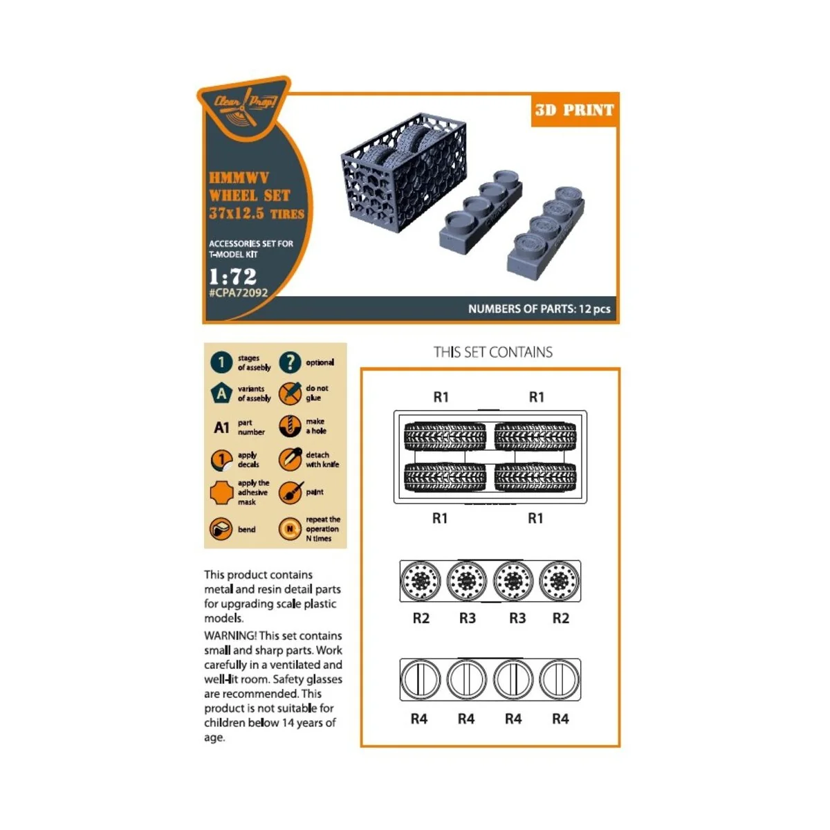 HMMWV Wheel set 37x12, 5 Tires for T-Model kits, 1/72 - Clear Prop ...