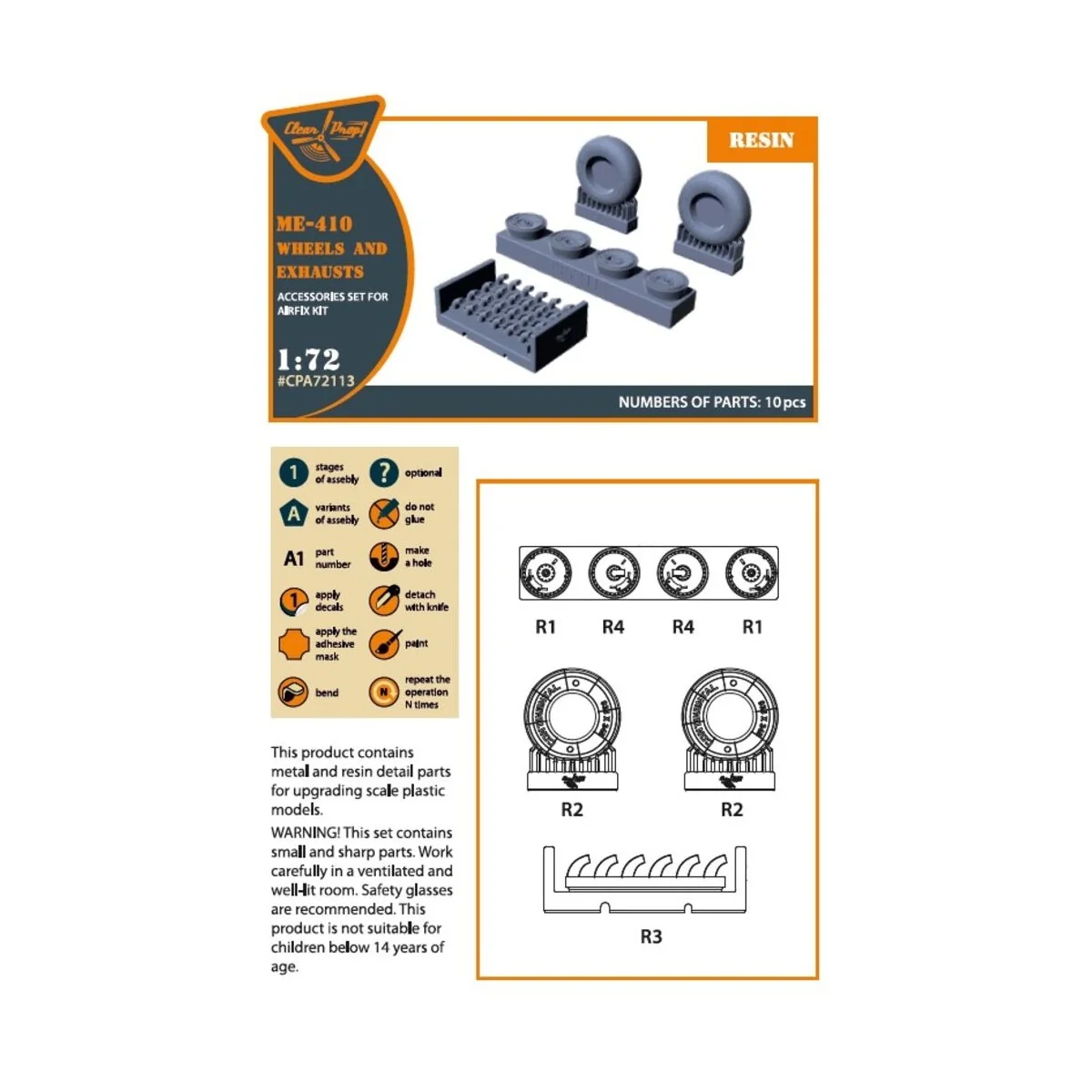Me-410 B-1/U2/U4/R4 wheel set and exhausts for Airfix kit, 1/72 - C...
