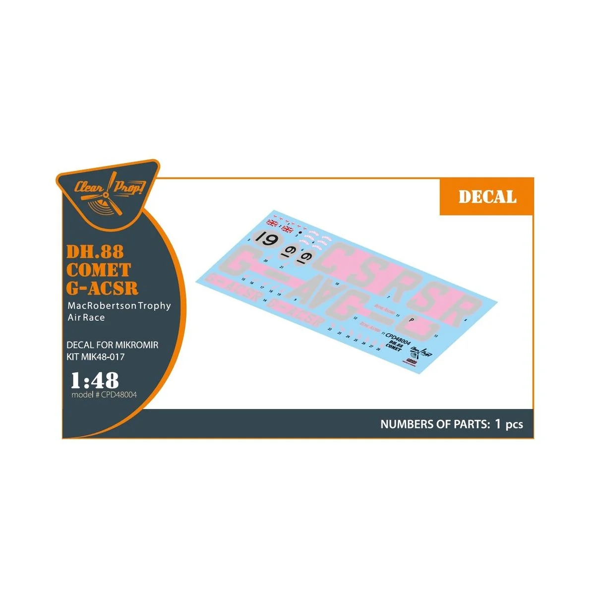 DH.88 Comet G-ACSR MacRobertson Trophy Air Race Decal for Mikromir ...