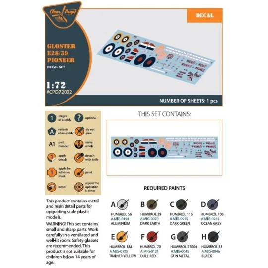 Gloster E28/39 Pioneer decal set, 1/72 - Clear Prop Accessories CPD...