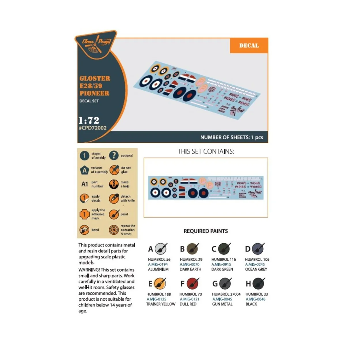 Gloster E28/39 Pioneer decal set, 1/72 - Clear Prop Accessories CPD...