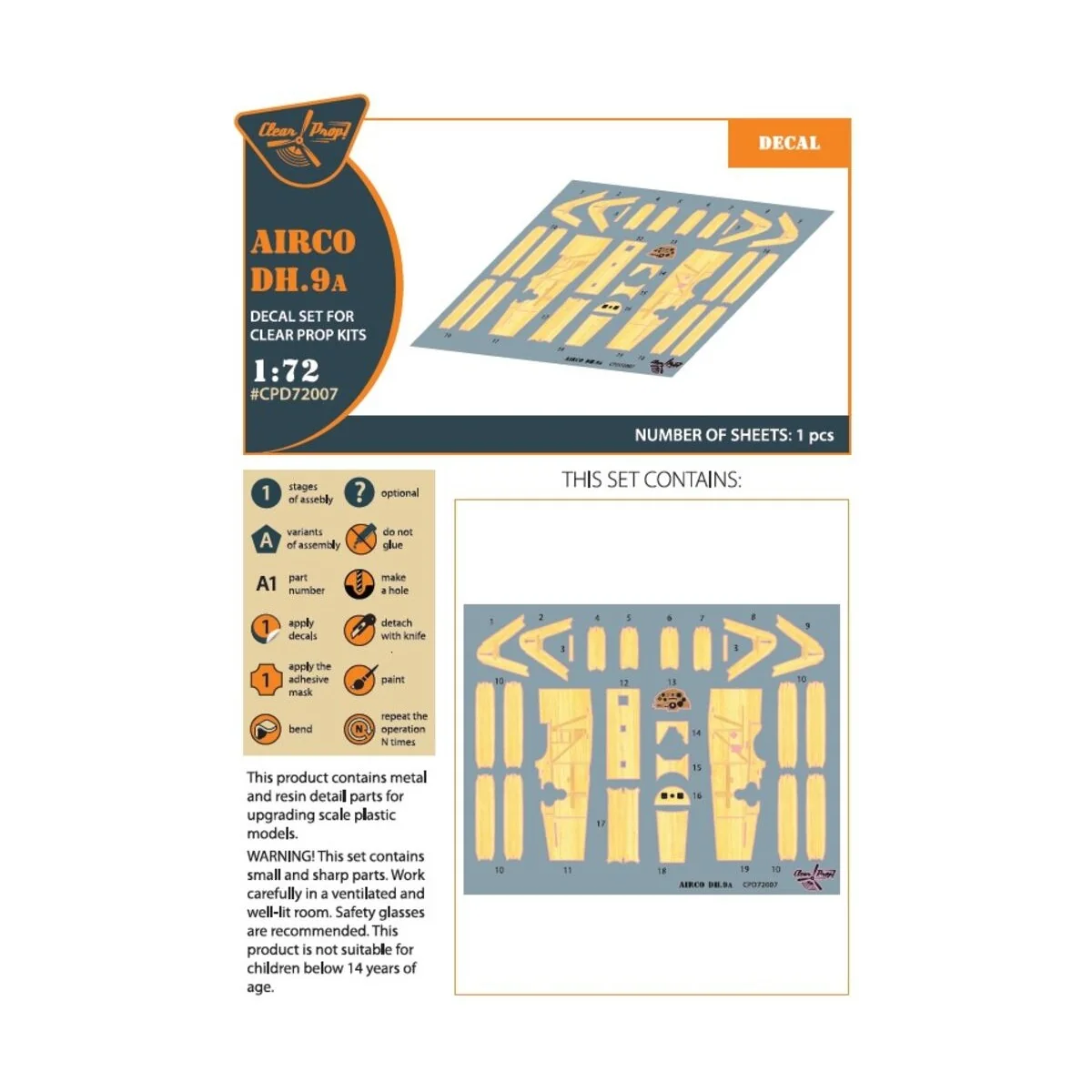 Airco DH.9a decal set for CP kits, 1/72 - Clear Prop Accessories CP...