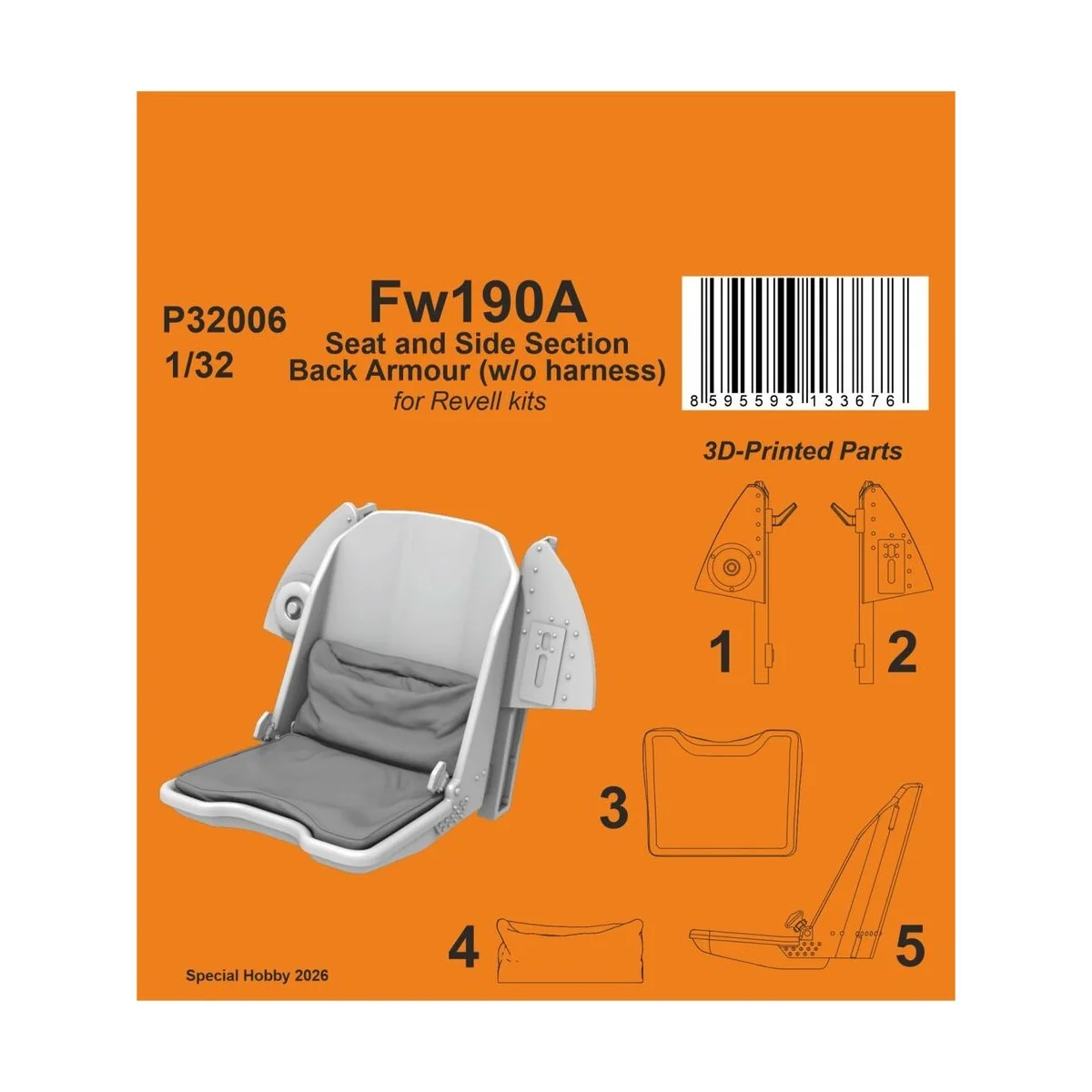 Fw190A Seat and Side Section Back Armour (w/o harness) for Revell, ...