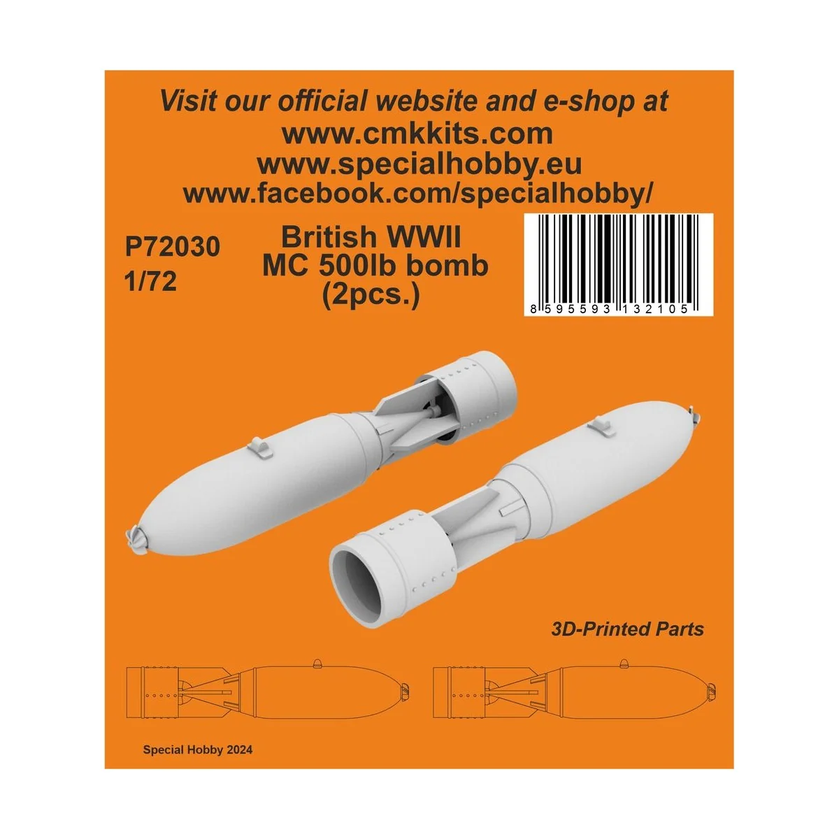 British WWII MC 500lb bomb Mk.IV (2pcs.), 1/72 - CMK 129-P72030