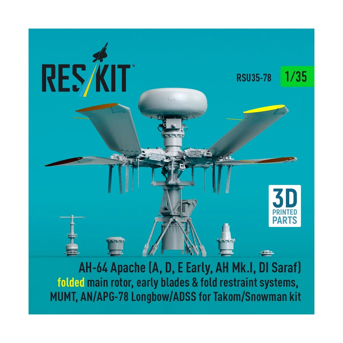 AH-64 Apache (A, D, E Early, AH Mk.I, DI Saraf) folded main rotor, ...
