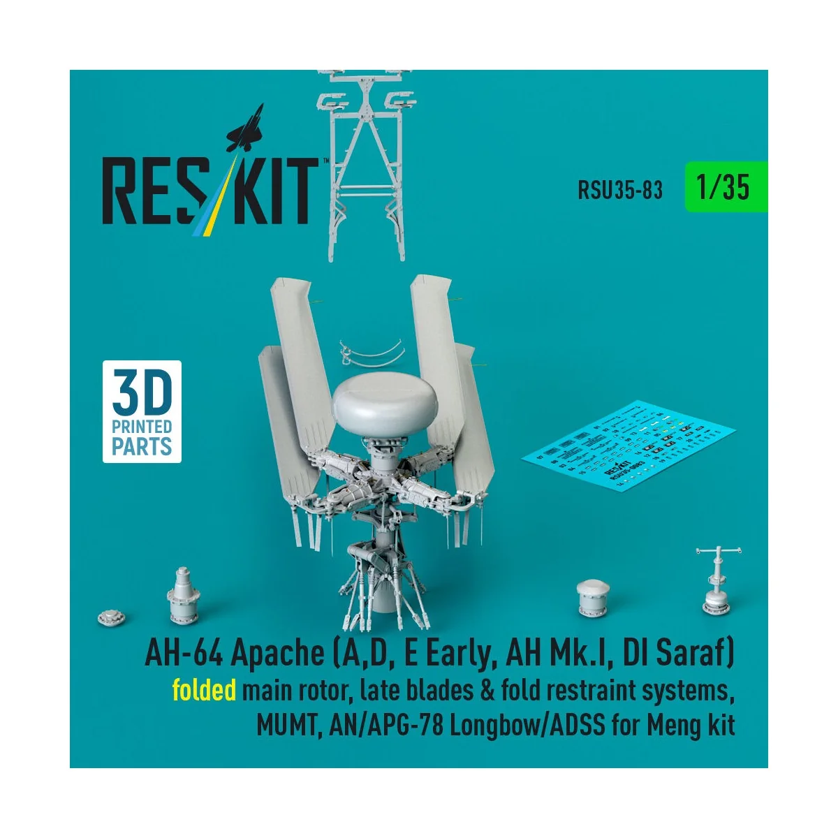 AH-64 Apache (A, D, E Early, AH Mk.I, DI Saraf) folded main rotor, ...