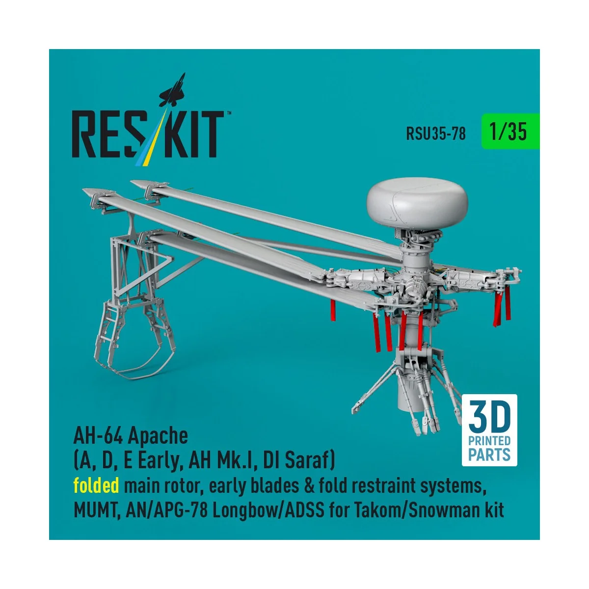 AH-64 Apache (A, D, E Early, AH Mk.I, DI Saraf) folded main rotor, ...